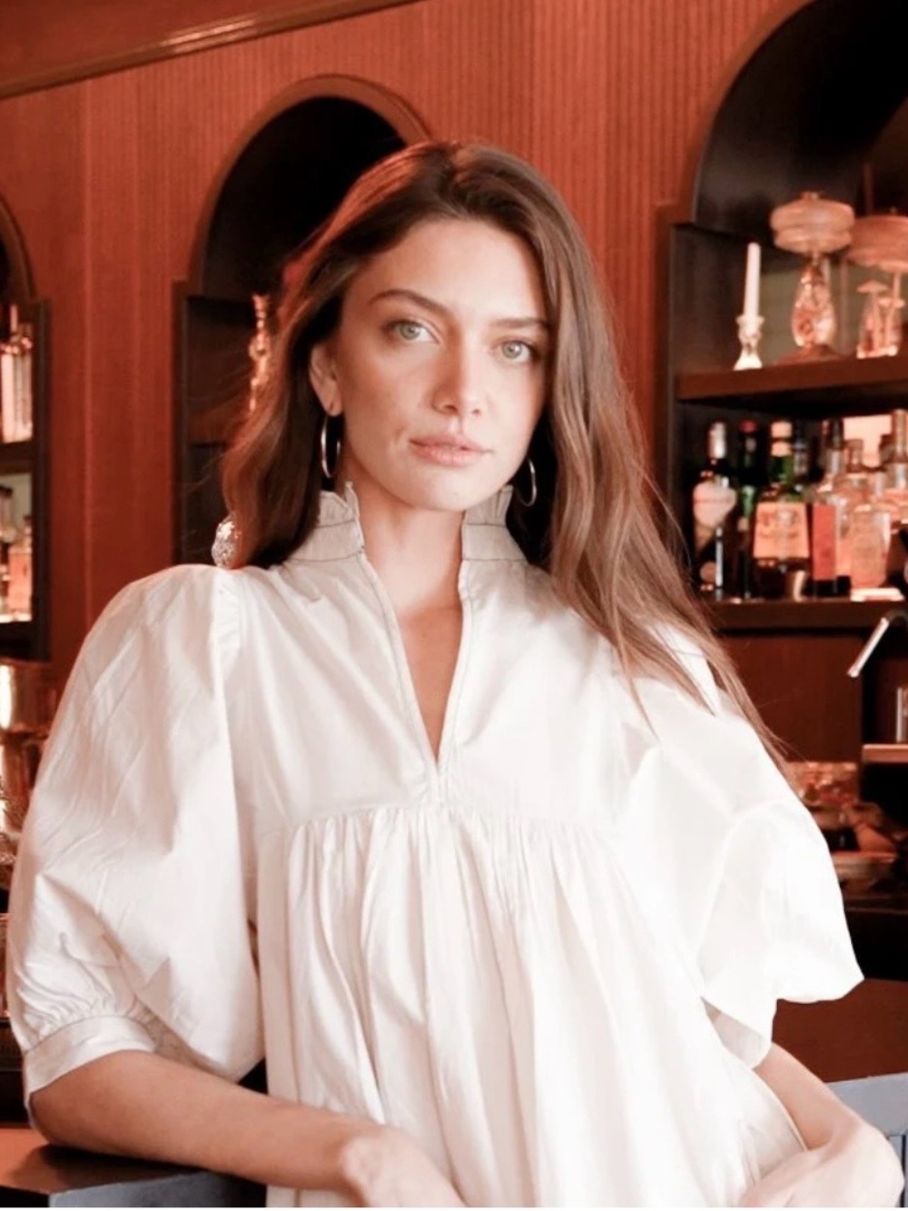 Puff-Sleeve White Popover Blouse with Stand Collar